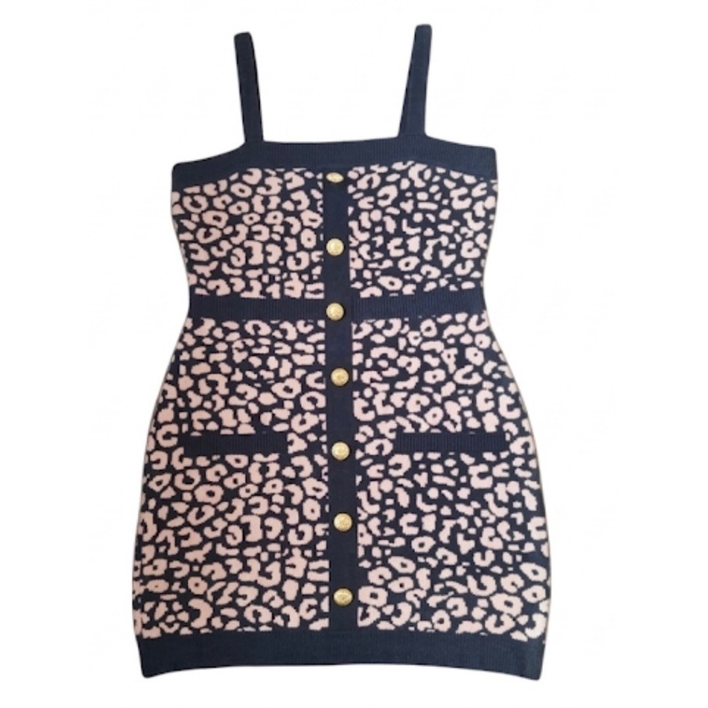 Leopard Print Knit Bodycon Dress Gold Buttons Sleeveless Mini Dress Mob Wife XL